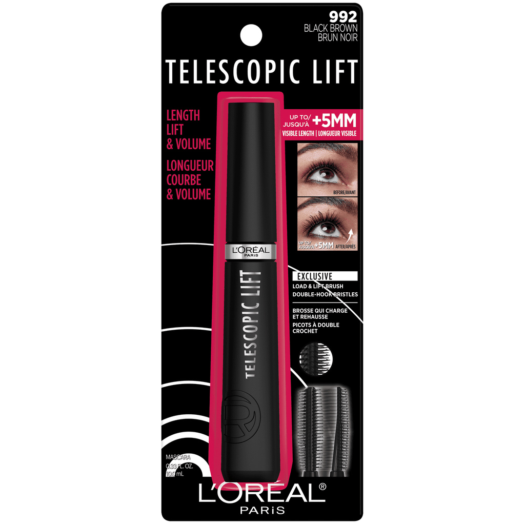 L'Oreal Paris Telescopic Lift Washable Liquids Makeup Mascara, Black Brown, 0.33 fl oz