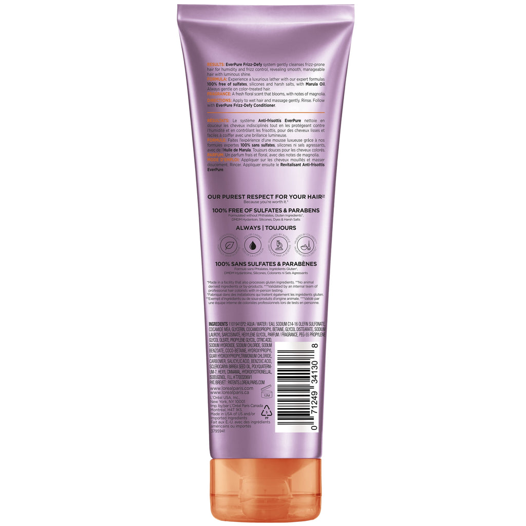 L'Oreal Paris EverPure Frizz Defy Squeeze Shampoo with Marula Oil, 8.5 fl oz