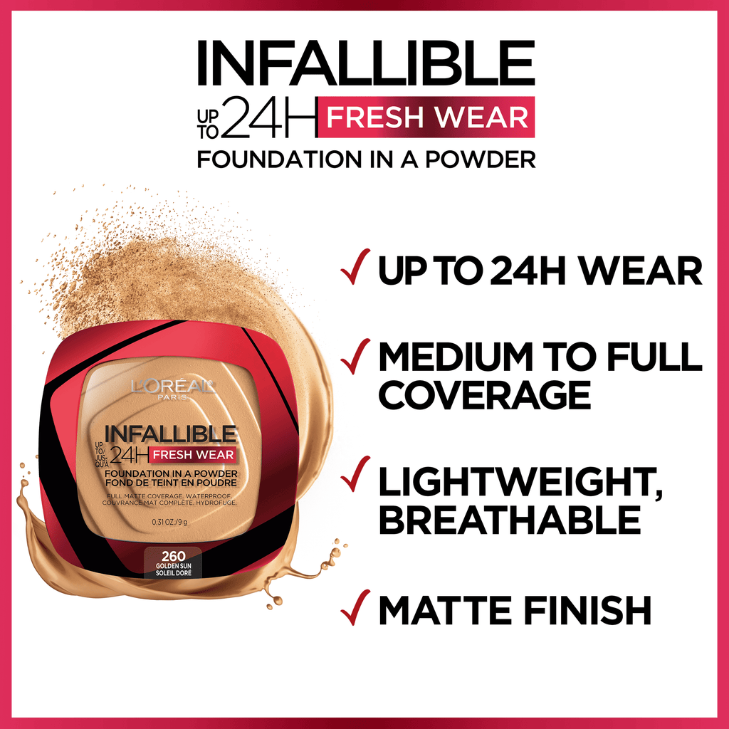 (2 pack) L'Oreal Paris Infallible Fresh Wear 24 Hr Powder Foundation Makeup, 220 Sand, 0.31 oz
