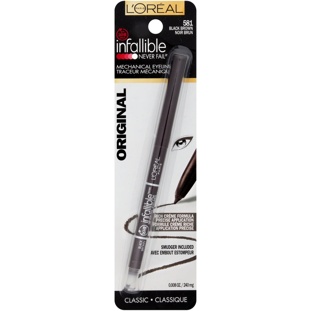 L'Oreal Paris Infallible Never Fail Pencil Eyeliner with Built-In Sharpener, Black Brown, 0.01 fl oz