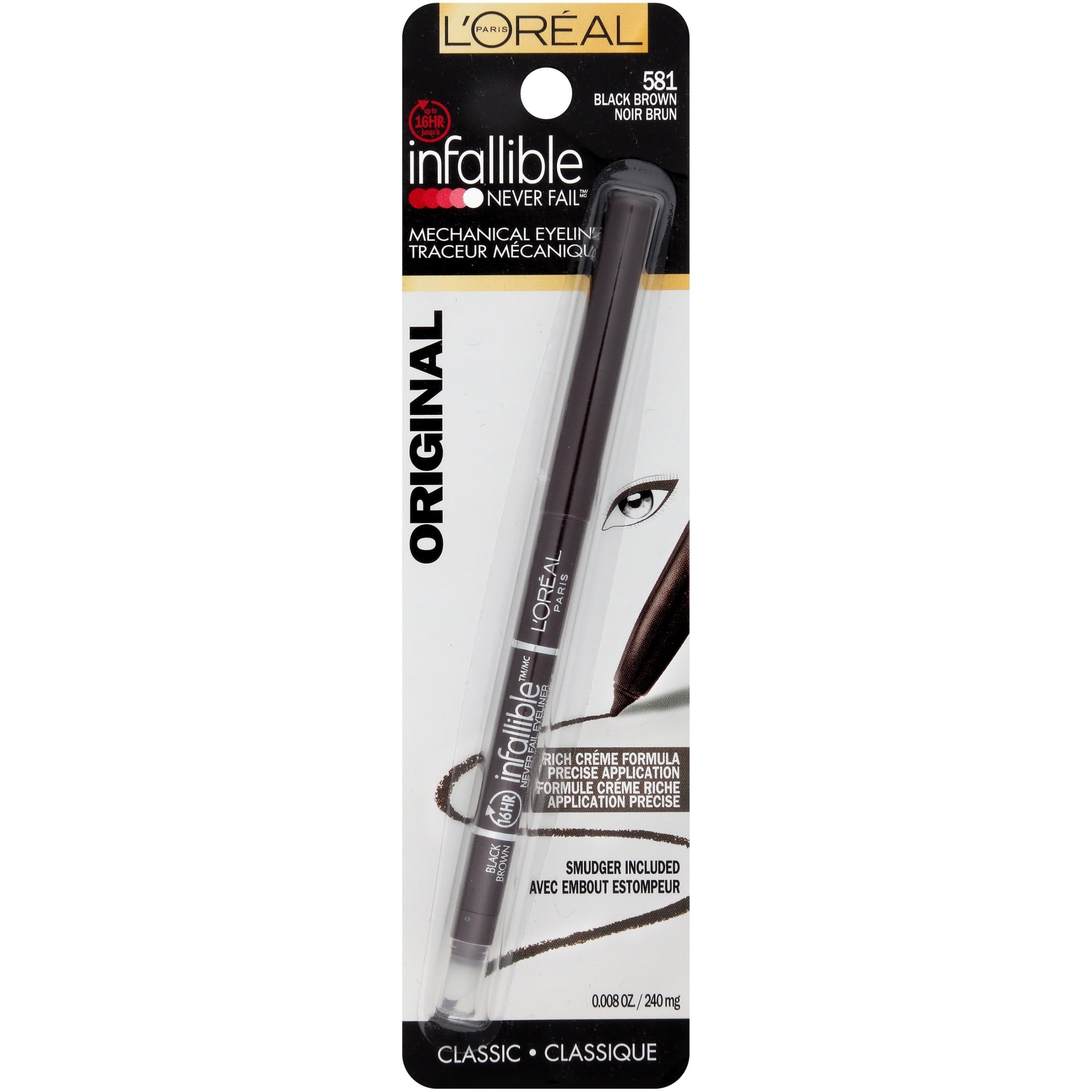 (3 pack) L'Oreal Paris Infallible Never Fail Pencil Eyeliner with Built-In Sharpener, Black Brown, 0.01 fl oz