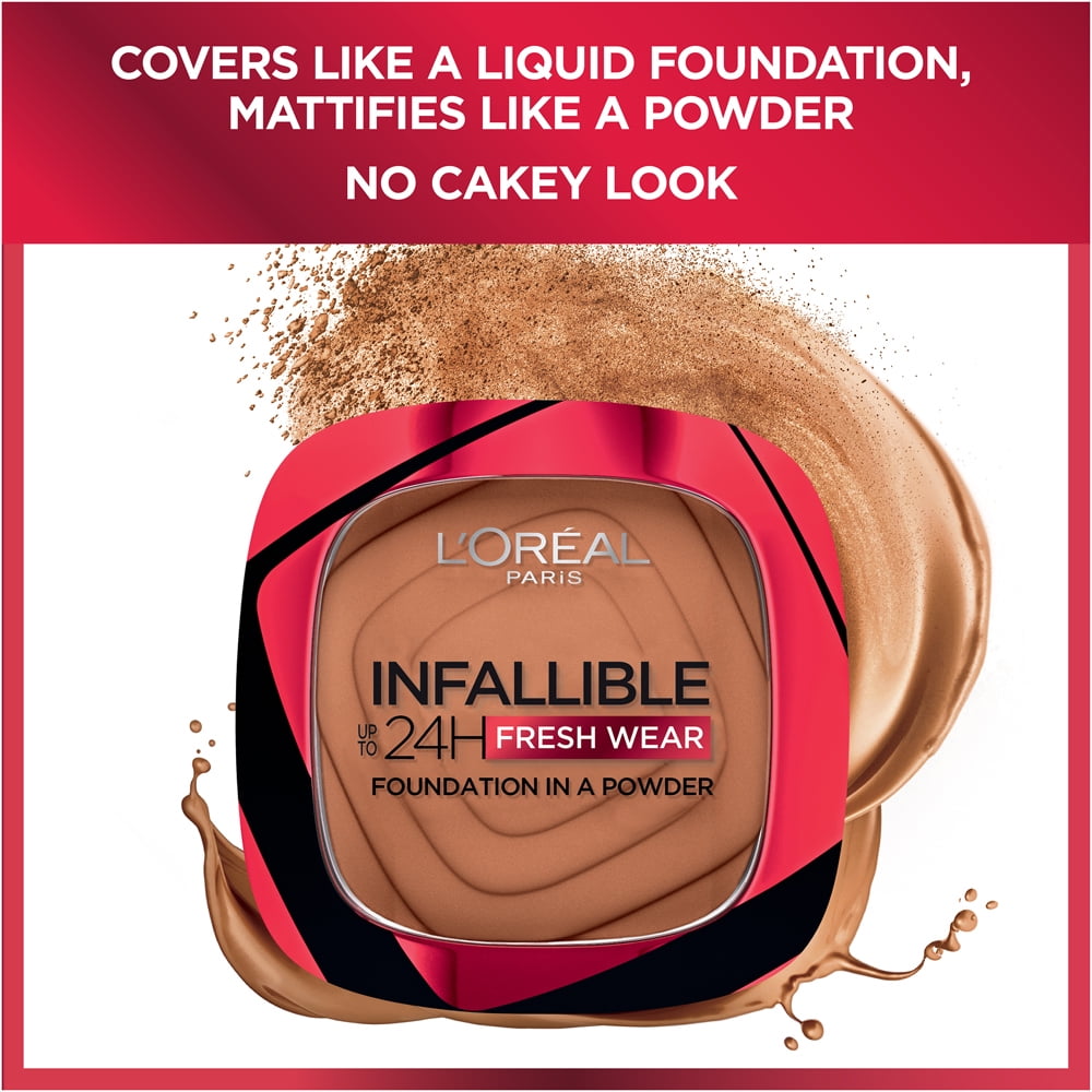 L'Oreal Paris Infallible Fresh Wear 24 Hr Powder Foundation Makeup, 300 Amber, 0.31 oz