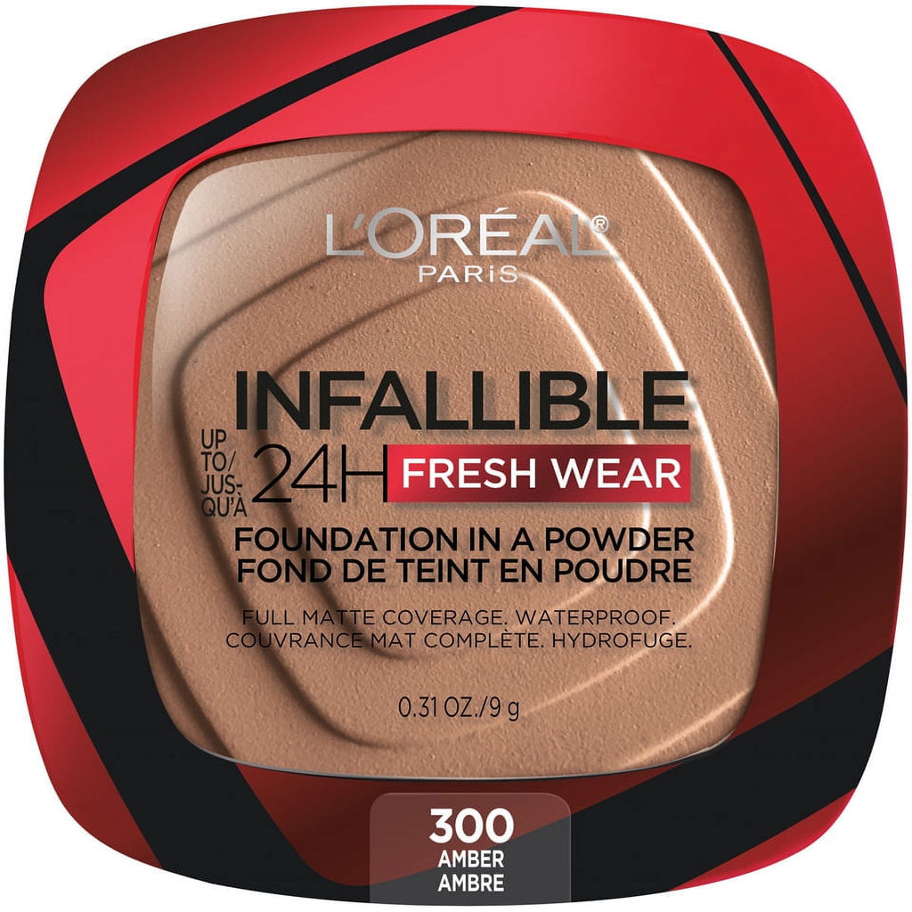 (2 pack) L'Oreal Paris Infallible Fresh Wear 24 Hr Powder Foundation Makeup, 300 Amber, 0.31 oz
